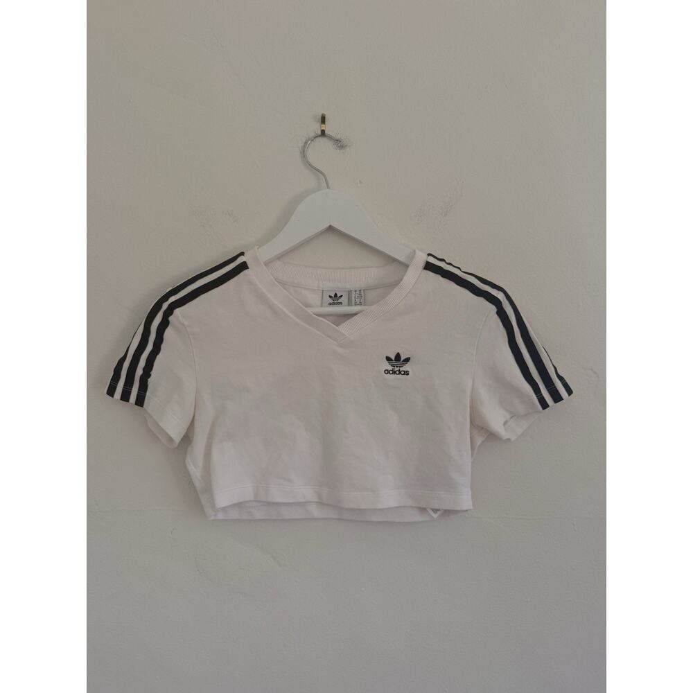 adidas White Cropped Striped Logo T-Shirt Cotton Women's XS